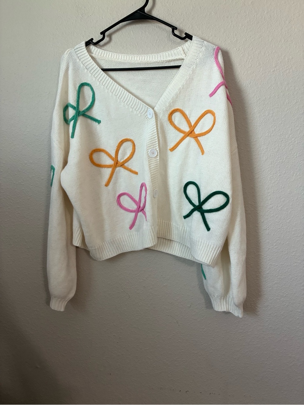 White Bow-Appliqué V-Neck Cardigan Sweater